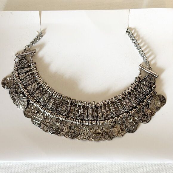 Unbranded Jewelry - Silver Tone Coin Wide Choker Necklace Bohemian Gypsy Love Affair 16.5”